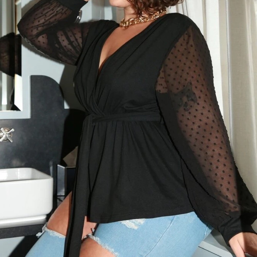 Boho black plus size mesh sleeve peplum blouse - Picture 1 of 5